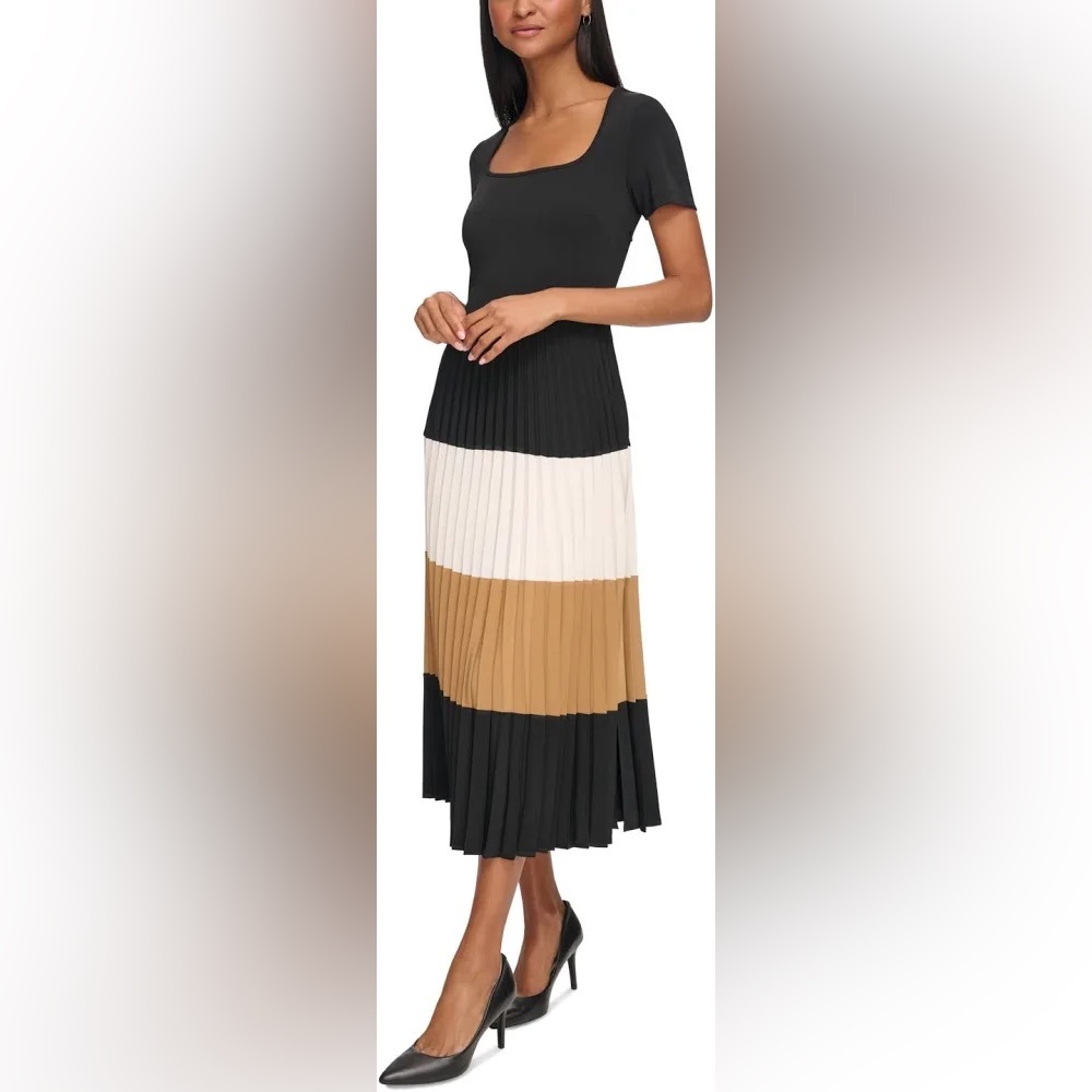 Karl Lagerfeld Black, White, and Tan Pleated Midi Dress